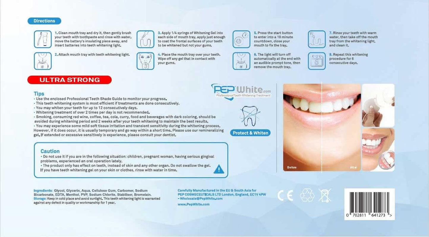 Pepwhite Ultra - Super Strong Teeth Whitening Kit with LED Light (Full LED Kit + Mouth Guard + 3 X Pep White Ultra Whitening Gel