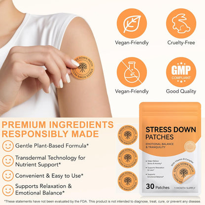 Stress down Patches – Plant-Based Stress & Anxiety Support for Daily Calm, Gentle Botanical Transdermal Patches to Ease Tension, Support Relaxation, Improve Focus & Emotional Balance for Adults